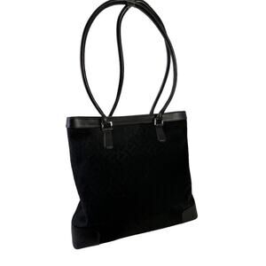 Talbots Womens Black Monogram Leather Canvas Purse Handbag Tote Shoulder Bag